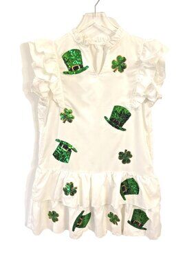 St. Patrick’s Day White Dress with Green Sequin Patches Size Large